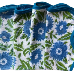 Well Made Home TABLEWARE Blue And Green Flower Block Print Napkins (set Of 4)