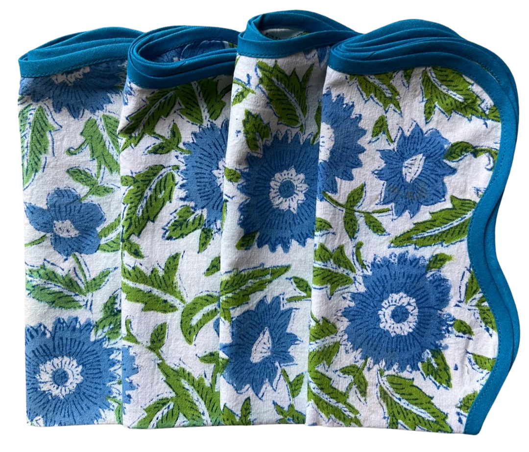 Well Made Home TABLEWARE Blue And Green Flower Block Print Napkins (set Of 4) 1 Well Made Home TABLEWARE Blue And Green Flower Block Print Napkins (set Of 4)