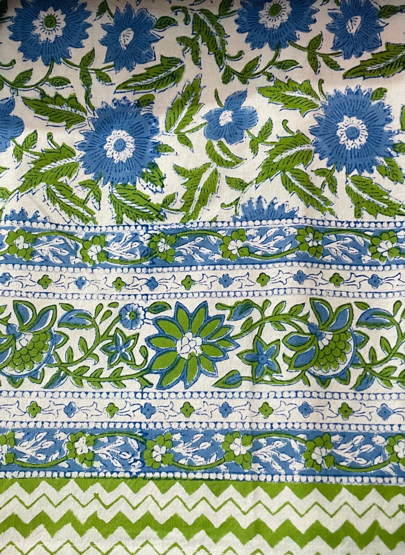 Well Made Home TABLEWARE Blue And Green Flower Block Print Tablecloth 1 Well Made Home TABLEWARE Blue And Green Flower Block Print Tablecloth