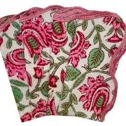 Well Made Home Pink And Green Floral Block Print Napkins With Embroidered Edge (set Of 4) TABLEWARE