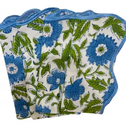 Well Made Home Blue And Green Flower Block Print Napkins With Embroidered Edge (set Of 4)